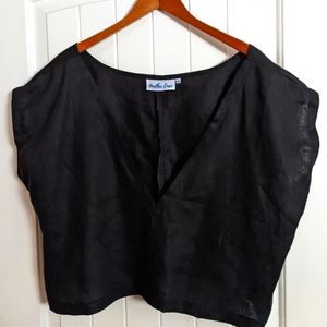 Crop V Neck Black Linen Top